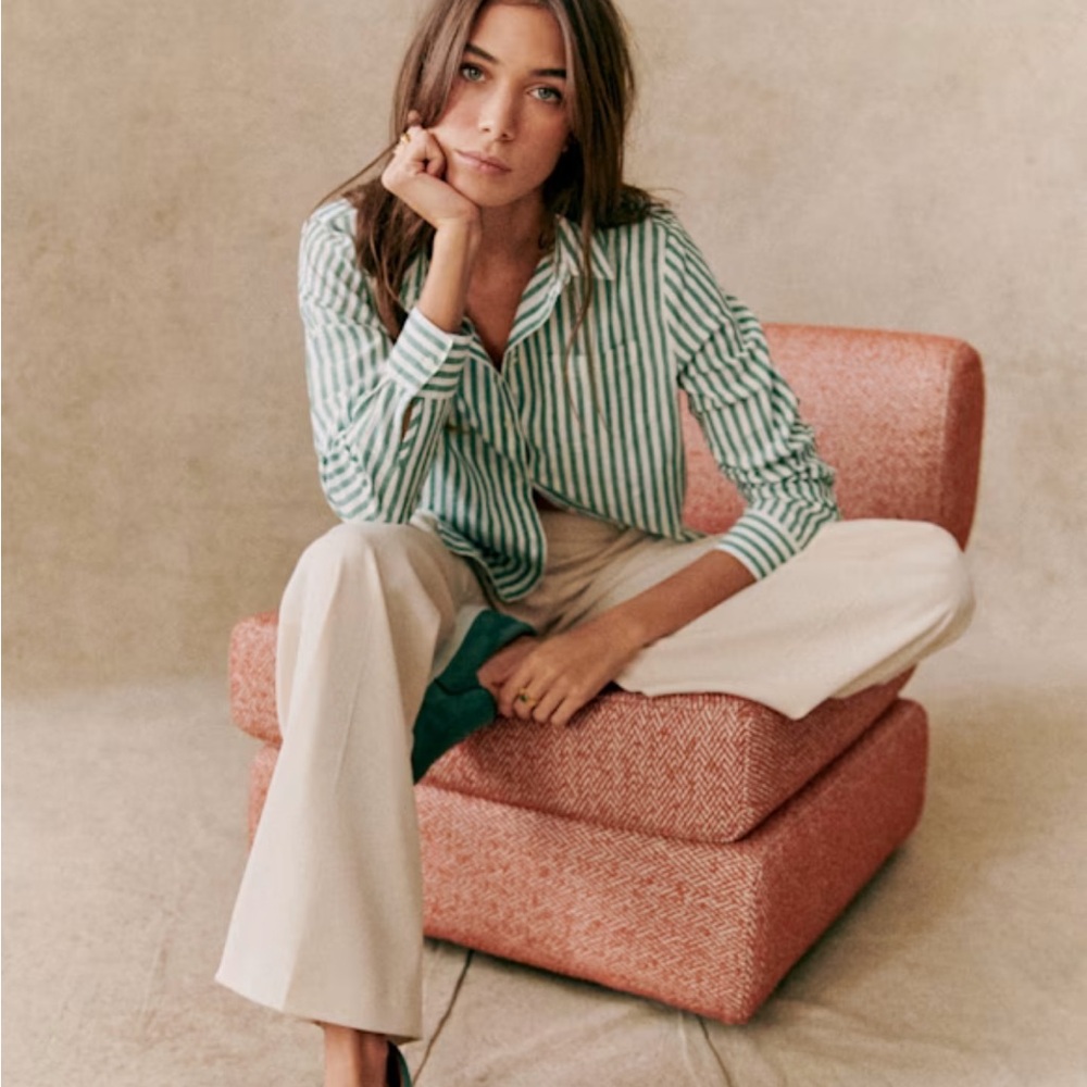 Sezane Green and White Striped Tomboy Shirt